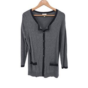 Susina Cardigan Womens Large V-Neck Gray Black Contrast Trim 3/4 Sleeve EUC